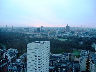 View of Buckingham Palace and other London landmarks from the 27th floor of London Hilton on Park Lane