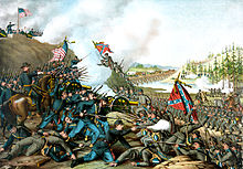 Chromolithograph of a large battle. One group displays the Confederate battle flag and the other displays an American flag.