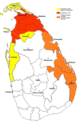 червено: територии под контрола на Тамил Илам; оранжево: територии частично под контрола на Тамил Илам и на шриланкското правителство; жълто: територии, окупирани от сили на Тамил Илам, но неприсъеднине към държавата Тамил Илам; бяло: територии под контрола на шриланкското правителство