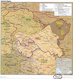 Poonch district is in the Jammu division (shown with neon blue boundary) of Indian-administered Jammu and Kashmir (shaded in tan in the disputed Kashmir region[1]