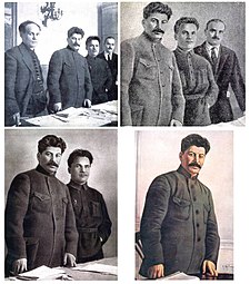 Fotografia retocada onde imagens de políticos são retiradas. A imagem de Kirov é removida, restando apenas a de Stalin (ver: Falsificações de fotografias na União Soviética).