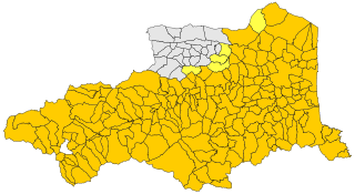 A map of the French department of Oriental Pyrenees with most of the areas highlighted but for the middle north.