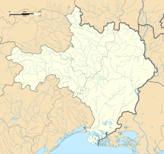 Mapa konturowa Gard, blisko centrum po prawej na dole znajduje się punkt z opisem „Stade des Costières”