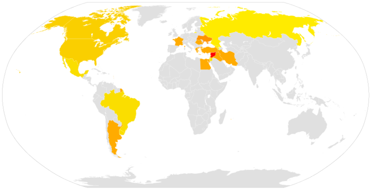 La gradación de rojo (Siria) a amarillo (Armenia, Georgia y Rusia) indica una mayor o menor cantidad de jurisdicciones.
