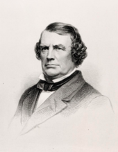 Black print by engraving on white paper of the bust of a middle-aged white man with hair parted on the side and bunching up kind of like Princess Leia around his ears with a mildly stern countenance and the smallest jowls. He is wearing a standard suit jacket over a white shirt and a simple bow tie around the collar. There is nothing in the background but the white of the paper.