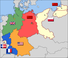 La eventual partición d'Alemaña en zones d'ocupación aliada:      Zona británica      Zona francesa (dos enclaves) y a partir de 1947, el Saar (protectoráu)      Zona americana      Zona soviética, más tarde la RDA      Territoriu polacu y soviéticu anexáu