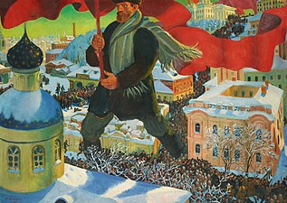 El rojo fue el color de la Revolución Rusa en 1917. El bolchevique, pintura de Boris Kustodiev (1920).