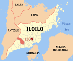 Mapa ng Iloilo na nagpapakita sa lokasyon ng Leon.