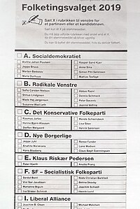 Bulletin de vote pour les élections législatives danoises de 2019