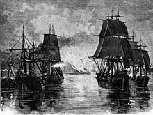 Black and white drawing of ships under sail with burning rafts approaching them