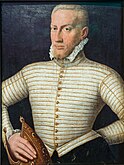 Portrait of a middle-aged man, holding in his right hand a bishop's miter: he is well-dressed, but not ostentatiously. He has blond hair and a neatly trimmed pointed beard