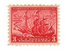 Small red three-cent stamp showing a sailing ship