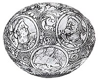 Podobe Baktrijcev na pozlačeni srebrni skledi, 6. stoletje, Britanski muzej[7][8]