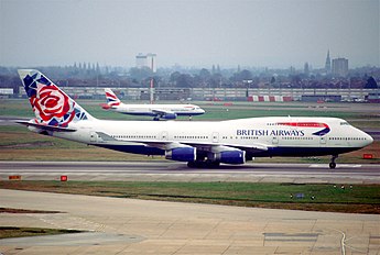 747 in "Utopia" livery and Chelsea Rose tail art (photo from 2002, livery used 1997–2006)