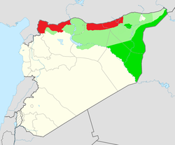 Syrisk Kurdistans de facto territorium (grøn) og omstridte områder (orange)