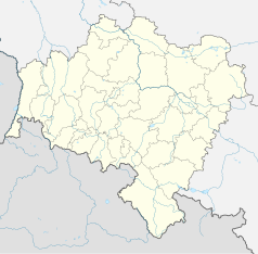 Mapa konturowa województwa dolnośląskiego, blisko centrum na dole znajduje się punkt z opisem „Jedlina-Zdrój”