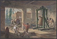 Watercolour drawing of men lifting reels of cable.