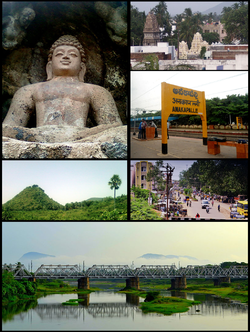 Anakapalli Montage Clockwise from Top Left: Rock-cut Buddha Statue at Bojjannakonda, View of Anakaplle Town, Anakapalli railway Station, Streets of Anakapalli, Rail Bridge on Sarada River, View of Satyanarayana Konda