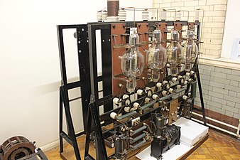 One of the BBC's first broadcast transmitters, early 1920s, London. The 4 triode tubes, connected in parallel to form an oscillator, each produced around 4 kilowatts with 12 thousand volts on their anodes.