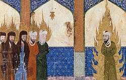 中世ペルシアの絵。アブラハムら預言者たちを率いるムハンマド