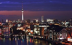 Berlin along the Spree river and the Fernsehturm by night