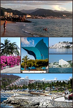 Top: Santiago Bay in Manzanillo, Middle: Mandevillas and Palm Trees, Sculpture "Pez Vela", La Punta, Tesoro Manzanillo Hotel, Bottom: Barceló Karmina