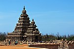 The rock-cut Shore Temple of the temples in Mahabalipuram, Tamil Nadu, 700–728. Showing the typical dravida form of tower.