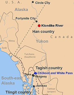 Bản đồ người dân và địa điểm tại thời điểm phát hiện vàng trong Yukon.