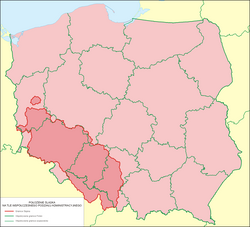 Silesia on a map of Poland