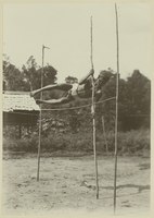 Jump of a Longglat man, leaving the jumping pole behind, Upper Mahakam, Central Borneo, 1898–1900