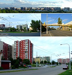 Městská část Brno-Vinohrady • Nahoře: Panoramatický pohled od severovýchodu • Vlevo: Pálavské náměstí • Vpravo: Lávka ve Vinohradech na ulici Žarošická • Dole: Typická panelová zástavba Vinohrad