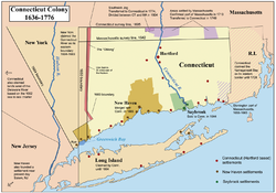 Map of Connecticut annotated to show its colonial history and the establishment of its modern borders