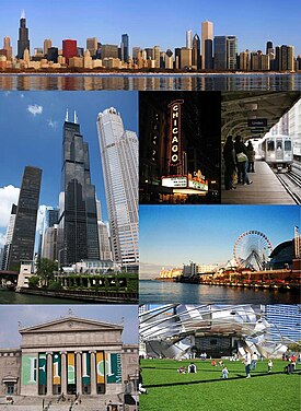 Clockwise from top: چیکاقو لوپ, the Chicago Theatre, the Chicago 'L', Navy Pier, Millennium Park, the Field Museum, and the Willis (formerly Sears) Tower