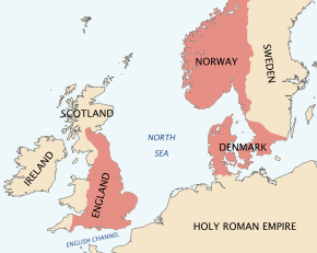 A map of north-western Europe in which Cnut's dominions are depicted in red; there is red over what is now England, Denmark and Norway, the Lothian and Borders region of modern Scotland, as well as a part of southern modern Sweden