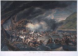 View of Robert Curtis' attempts to rescue Spanish sailors during their disastrous assault. Painting by James Jefferys. Maidstone Museum & Art Gallery