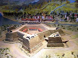 Музейный макет крепости Ниеншанц в устье Охты и города Ниенштадт на обоих берегах ранее впадавшей в Охту реки Чернавки.