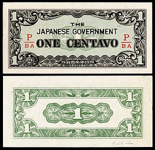 Japanese Invasion currency from the Philippines: 1 centavo (1942). During the Japanese occupation of the Philippines, the Japanese issued their own printings of the Philippine peso and centavo. This money rapidly devalued - hence the ever-larger denominations as the printing run continued - and became known as "Mickey Mouse pesos", with whole bundles of them becoming necessary to buy anything by the end of the war.