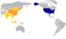 Map showing the United States in blue, and the nations where Asian Americans originate from in shades of orange.