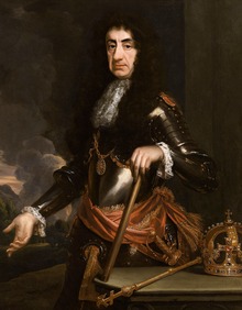 Oil portrait of Charles with heavy jowls, a wig of long black curls and in a suit of armour