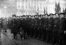 A formation of Russian soldiers are pictured at the Helsinki Railway Square as a part of a parade celebrating the October Revolution. Prior to 1917, the Russian Army sustained Finland's stability, but later became a source of social unrest.