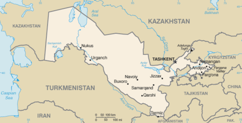 Mapa com as fronteiras do Uzbequistão