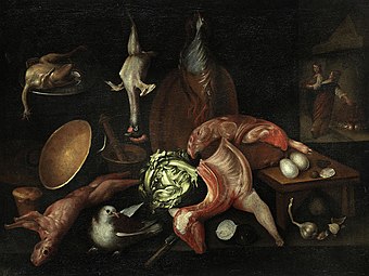 Carved meat, eggs, and utensils. Kitchen Still Life by Alejandro de Loarte; c. 1626, 82 × 108 cm, private collection.