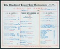 Menu for the Blackpool Tower Café Restaurant, with daily specials (in blue) carbon copied, early 20th century.