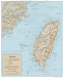 elevation map of Taiwan showing mountain ranges in the east and lower lands in the southwest