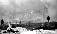 British infantry advancing through gas at Loos, 25 September 1915
