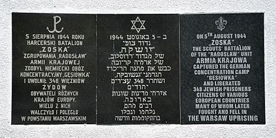 Gęsiówka liberation memorial plaque at 34 Anielewicza Street – the inscription is in Polish, Hebrew and English