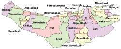 Location of Amol County in Mazandaran province (center, green)