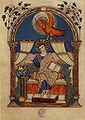 นักบุญยอห์นผู้ประกาศข่าวประเสริฐเขียนพระวรสารมีอินทรีอยู่เหนือพระเศียร จากพระวรสารของออเรียสแห่งลอรช (Codex Aureus of Lorsch)