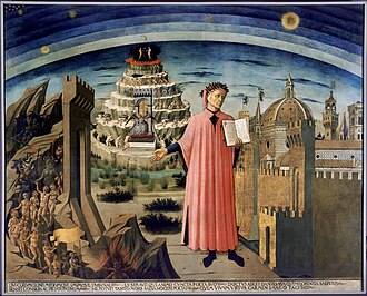 C15th painting showing Dante; the gates to hell and Florence are in the background