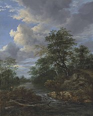 Jacob van Ruisdael’s A wooded river landscape with a family at rest on a track, now in a private collection